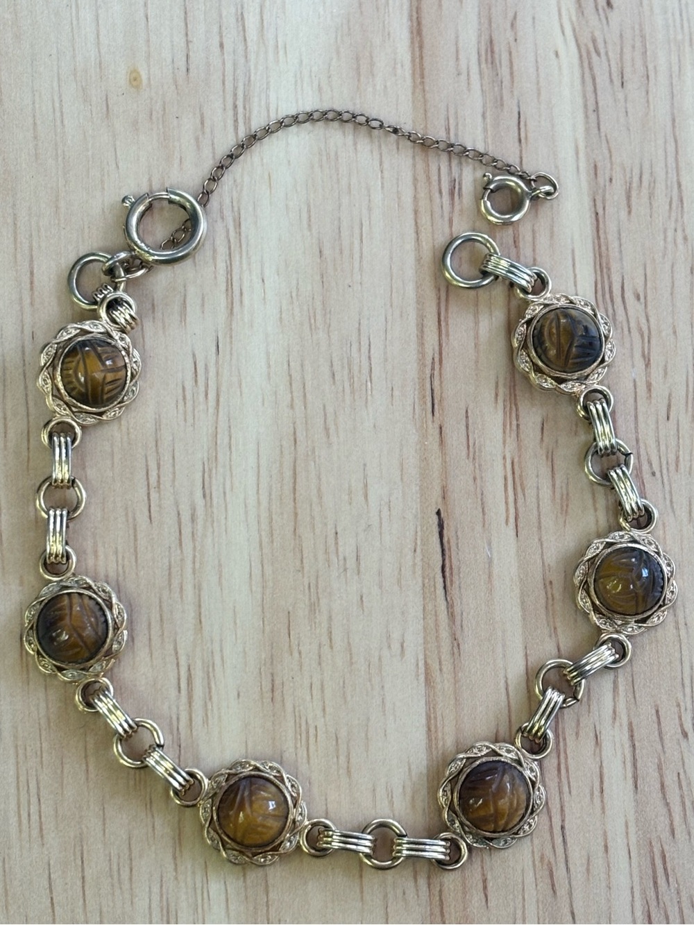 Vintage 12K Gold Filled Tiger’s Eye Scarab Bracelet 7.5”